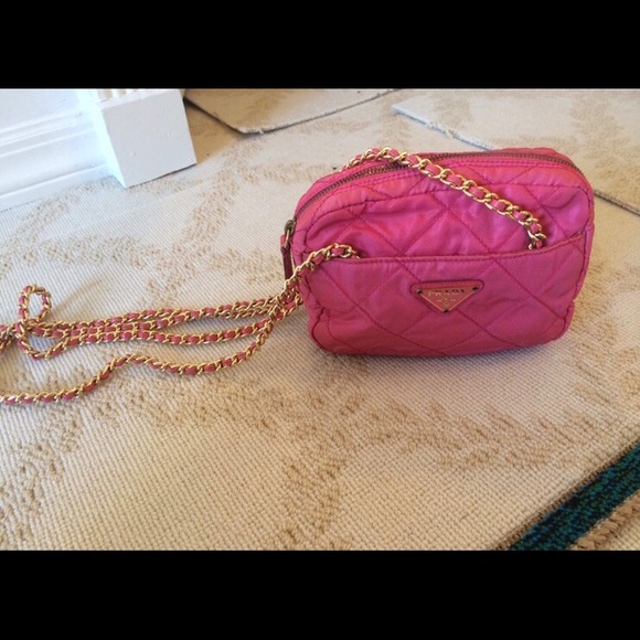 Prada Bag Pink Nylon - Barbie Color with Gold Long Double Chain Straps - Picture 7 of 17